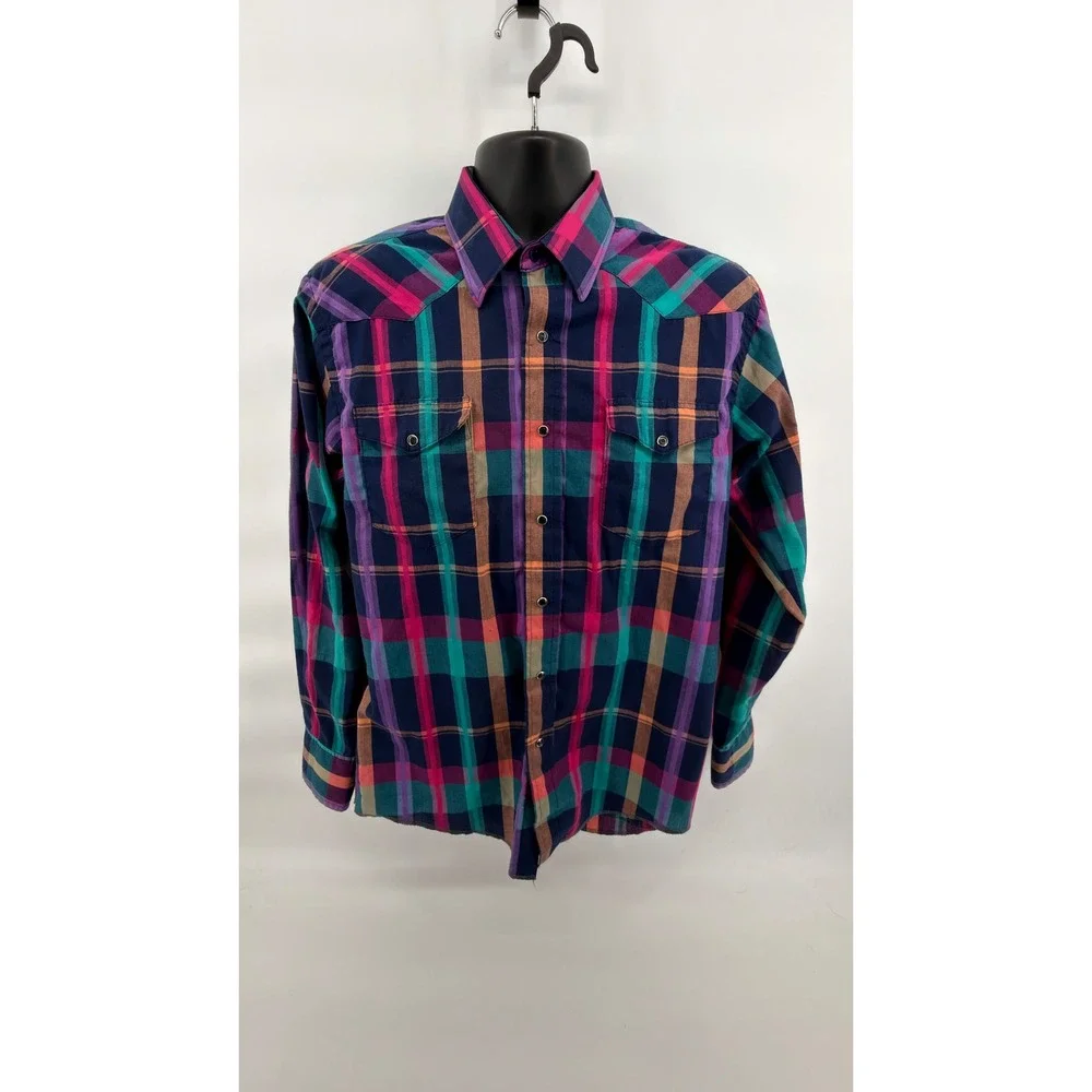 Vintage 90 Wrangler Cowboy Cut Pearl Snap Shirt Mens 16x34 L Teal Pink Plaid USA